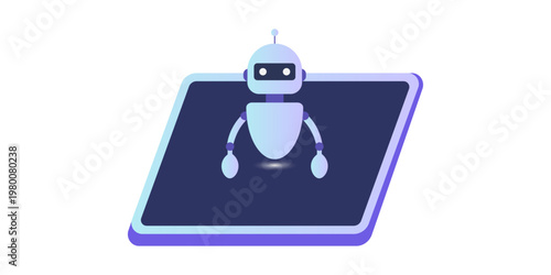 Cute robot character sitting on tablet screen digital interface. Ai robot representing artificial intelligence and technology. Modern digital assistant, chatbot, or service bot illustration.