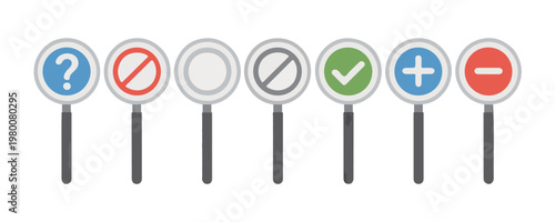 Magnifying glass flat search vector icon set. zoom in out, question, error, positive negative signs.