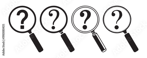 Four black and white magnifying glass icons with question mark symbol inside each one for search concept.