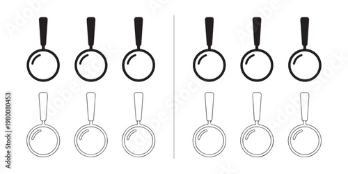 Set of twelve black magnifying glass icons in solid and outline styles for various uses.