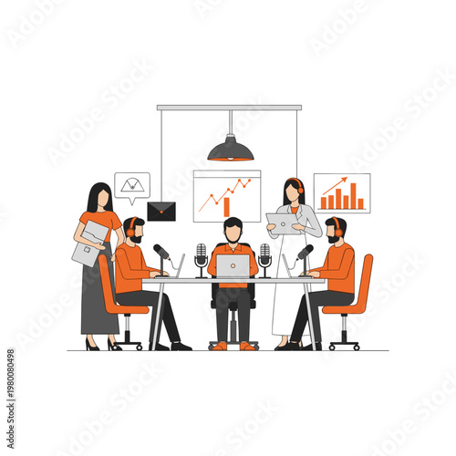 Team collaborating in a modern office setting with digital presentations and laptops