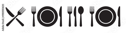Restaurant icons and dining cutlery sets including plates forks knives and spoon vector illustration.
