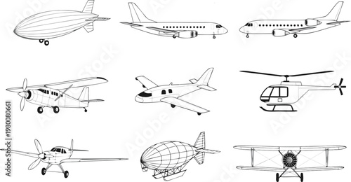 Various aircraft and helicopter line drawings