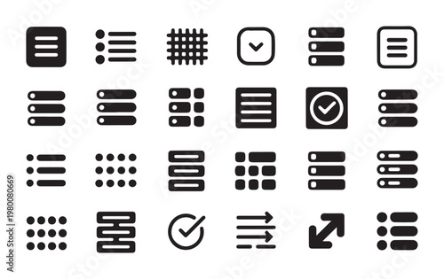 Menu and list format icons for mobile user interface design including sliders and checkbox elements.