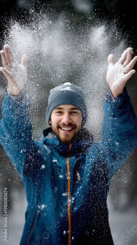 Man throws snow in the air outdoors during winter