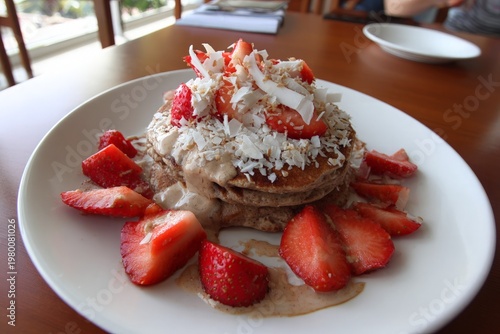 Stack of pancakes with strawberries and coconut flakes on white plate on wooden table
