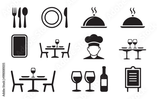 Restaurant icons set of dining table, cutlery, wine glasses and chef hat representing food and beverage establishment.