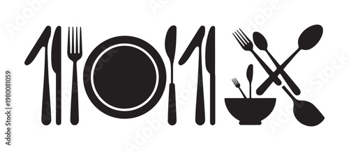 Table setting icons with cutlery, plate, and bowl representing dining and meal preparation in restaurant.