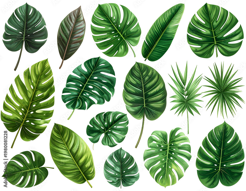Obraz premium Assorted tropical leaves, various shapes and green hues