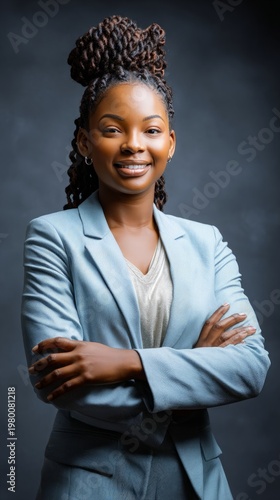 African American woman in suit with arms crossed in dark studio