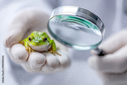 Scientist examines small green frog with magnifying glass in white laboratory