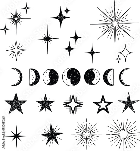 Distressed celestial moon phases, stars, and sunbursts grunge icon set