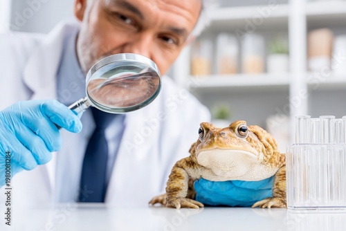 Scientist examines toad with magnifying glass on laboratory table