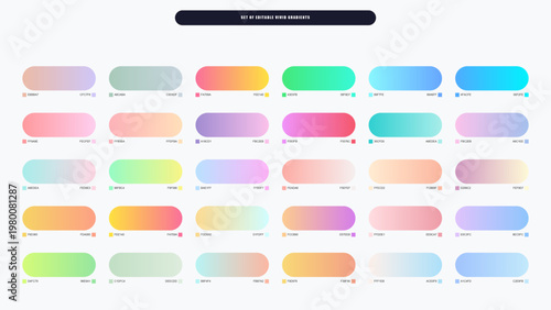 Modern pastel mesh gradients, set of 30 colorful vivid gradients, soft vibrant color swatches for UI UX design and web backgrounds