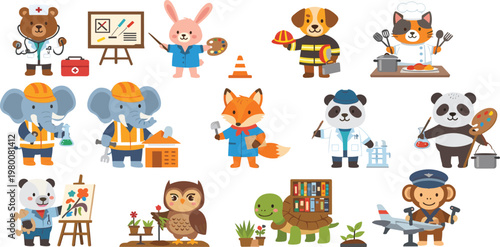 Cute Animal Professions Illustration Set Featuring Doctor Engineer Artist Chef Pilot Builder Scientist Cartoon Character Collection