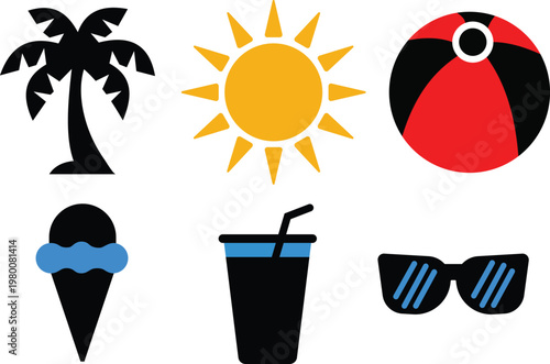 Tropical summer vector silhouette icon set with palm tree sun ice cream elements