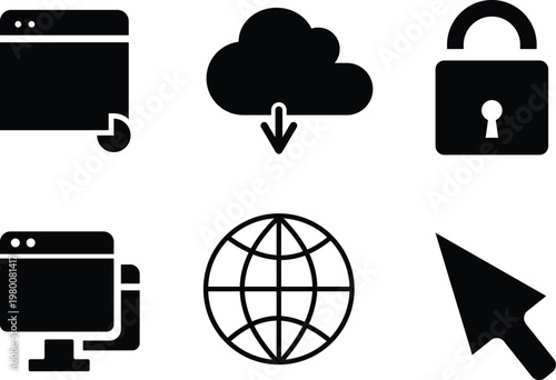 Modern vector silhouette web icons set including computer monitor globe arrow lock cloud elements