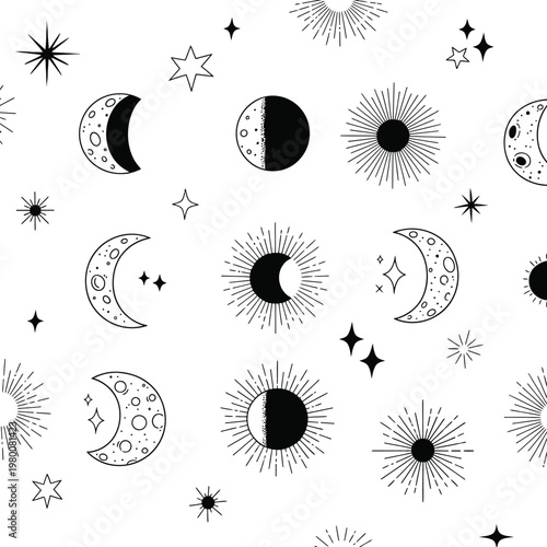 Seamless celestial pattern with line art moon phases, stars, and sunbu