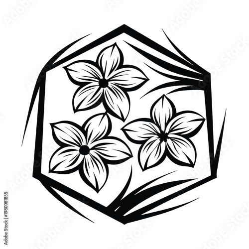 Abstract Geometric Frame with Delicate Flower Silhouettes, Minimalist Botanical Design