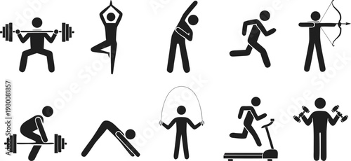 Stick figures exercising in various fitness activities and sports