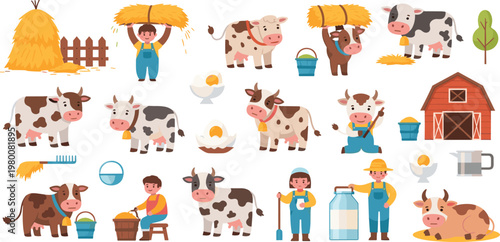Dairy Farm Illustration Set Featuring Cows Farmers Barn Milking Eggs Hay and Rural Agriculture Activities Collection