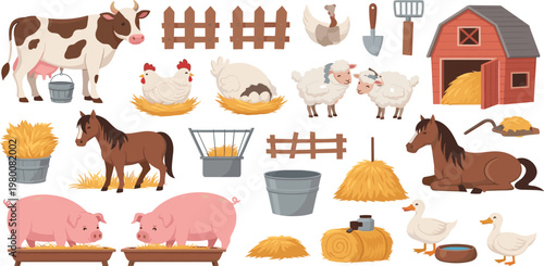 Farm Animals and Barn Illustration Set Featuring Cow Pig Horse Sheep Chicken Duck with Hay Tools and Rural Agriculture Elements Collection