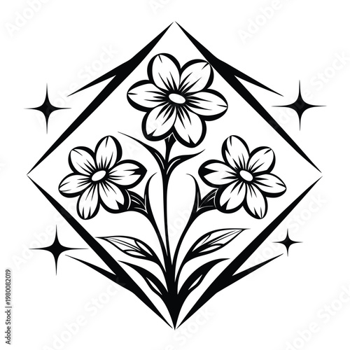 Minimalist Geometric Shape with Delicate Flower Silhouettes, Clean Botanical Vector Art