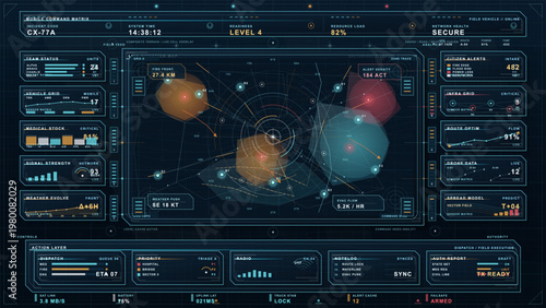 Futuristic mobile disaster response command interface with evacuation map, team status panels, drone monitoring, infrastructure alerts and emergency operations dashboard