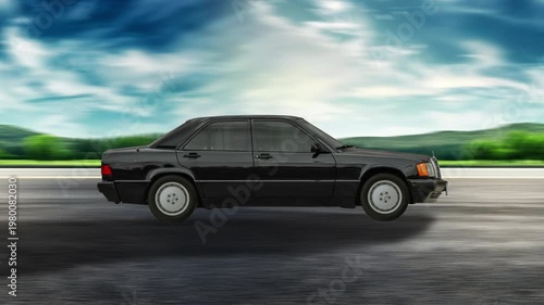 Side view of a Black Car driving on highway at high speed with blue sky and green hills. Black Car moving forward on background with motion blur effect. 4K Infinite Seamless loop animation.