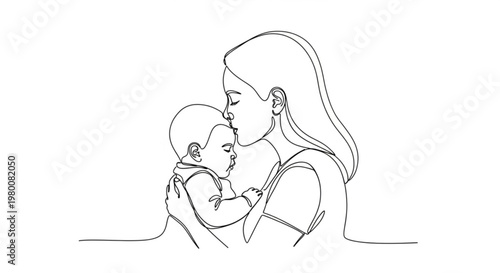 A minimalist line art illustration of a mother tenderly kissing her baby