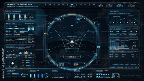 Futuristic urban VTOL flight cockpit interface with landing guidance display, airspace map, traffic clearance panels and city approach telemetry dashboard