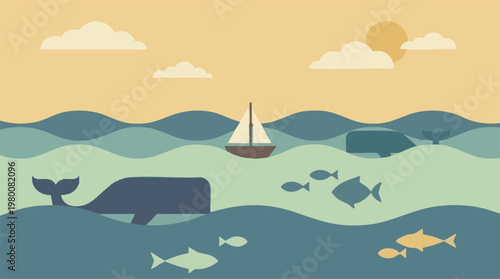Minimalist flat design illustration of ocean scene with sailboat and marine life