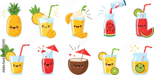 Set of Cute Tropical Fruit Drinks and Smoothies Featuring Pineapple, Watermelon, Orange, Coconut, and Kiwi Cartoon Illustrations