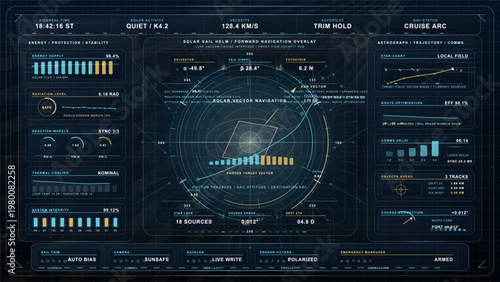 Futuristic solar sail navigation cockpit interface with trajectory display, star chart analytics, photon thrust vector controls and deep space telemetry panels