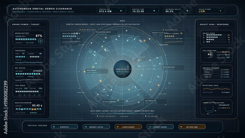 Futuristic orbital debris clearance dashboard with autonomous drone swarm monitoring, collision risk analysis, capture routes and space cleanup control interface