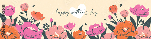 Happy Mother's Day greeting, card or poster with pink flowers in flat geometric illustration style and elegant typography on beige background in warm and playful layout for festive design.