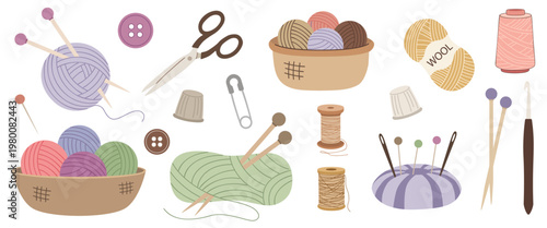 Crafting set with colorful yarn balls knitting needles scissors and sewing accessories