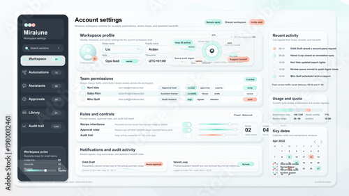 Modern workspace account settings dashboard interface with team permissions, activity feed, usage metrics, notifications and calendar management panels