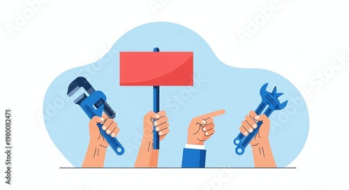 Hands holding tools and a blank protest sign