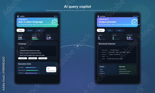 AI query copilot UI with prompt and output preview