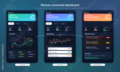 Rescue command dashboard UI with zones, vitals and dispatch