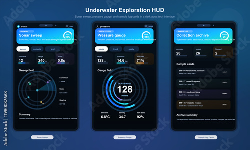 Underwater exploration HUD UI with sonar, pressure, and data logs