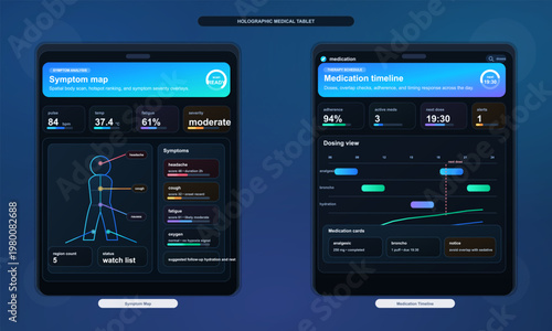 Futuristic medical dashboard UI with symptom map and medication