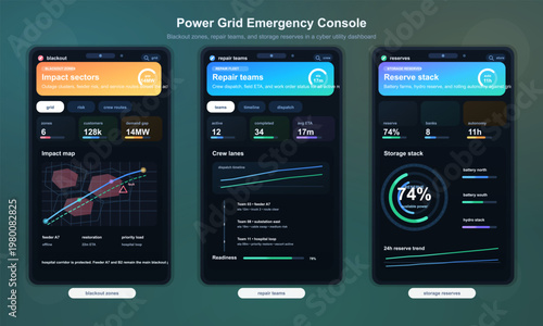 Power grid emergency dashboard UI with blackout zones and repair teams