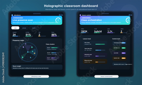 Holographic classroom dashboard UI with attendance radar and lesson control