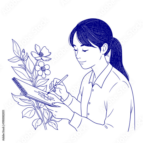 Young woman drawing flowers in sketchbook with pencil outdoors  