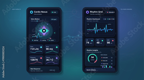 Futuristic Cardiology Mobile App UI with Heart Valve Monitoring, Rhythm Telemetry Dashboard and Cyber Medical Analytics Screens