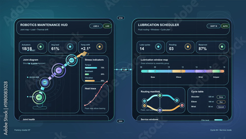 Futuristic Robotics Maintenance Dashboard Interface with Lubrication Scheduler, Industrial Monitoring Analytics and Sci-Fi HUD Control Panel