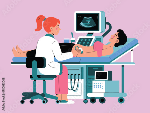 Doctor performing ultrasound on a pregnant woman vector illustration ultrasound pregnant healthcare sonogram examination hospital equipment technology