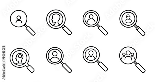 User and human resource search line icons set featuring recruitment profile finding employee discovery talent analysis and team management more vector illustration with editable stroke.